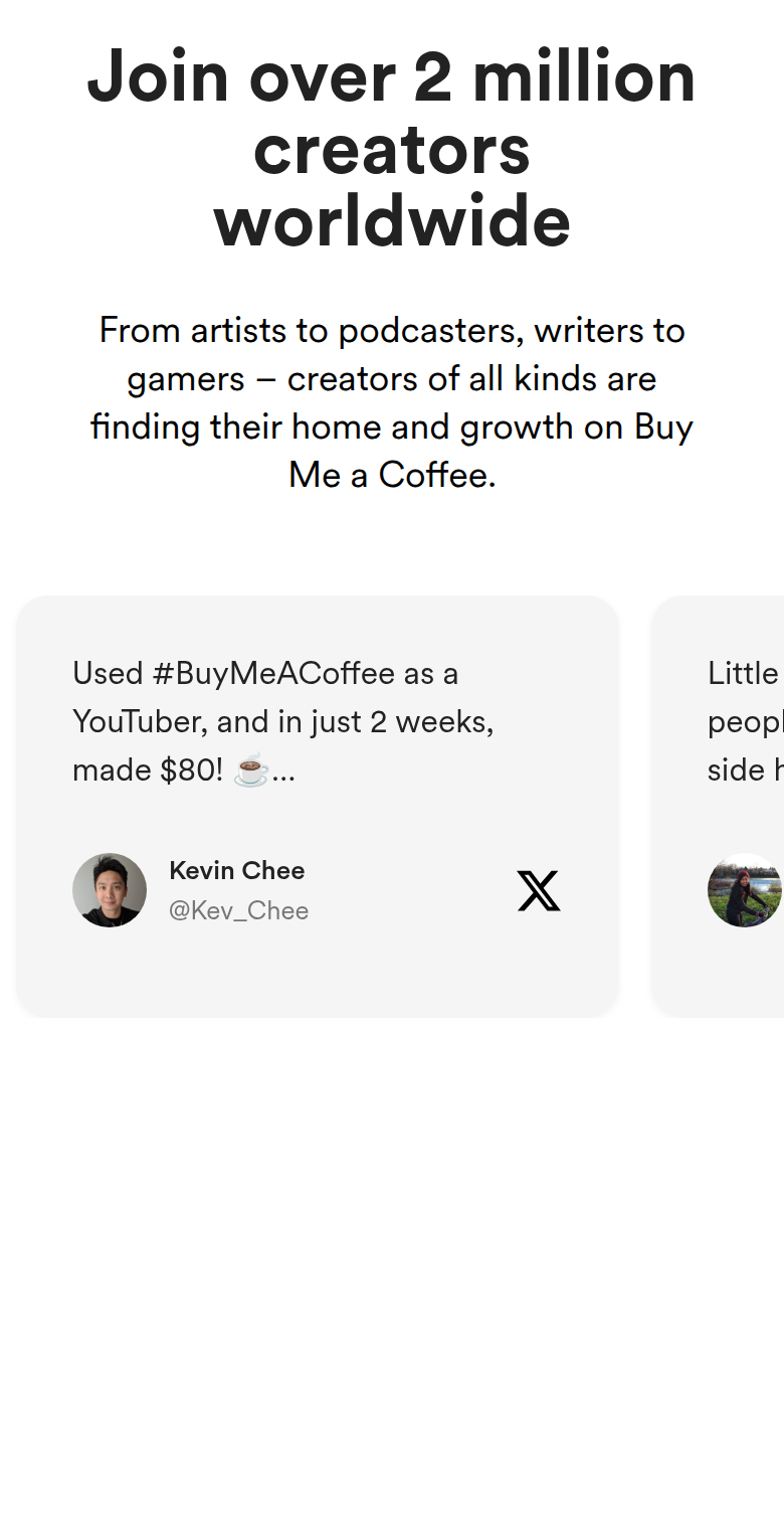 Join Over 2 Million Creators section from Buy Me a Coffee, on a phone