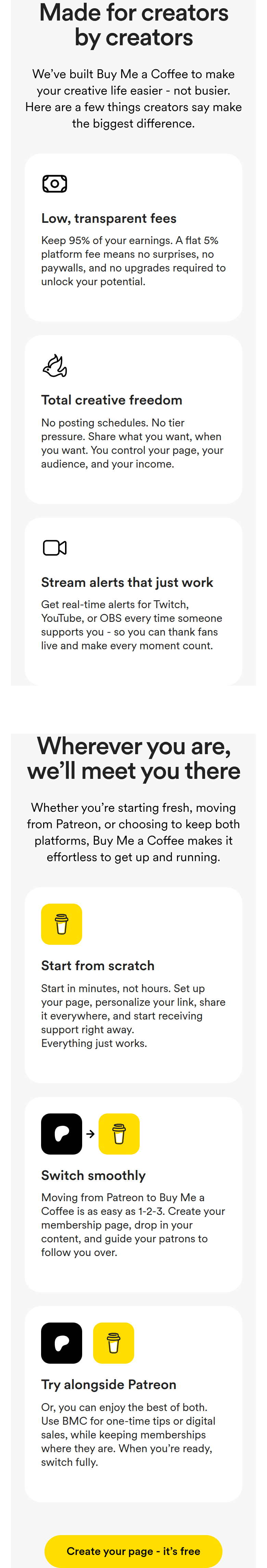 Made for Creators by Creators section from Buy Me a Coffee, on a phone