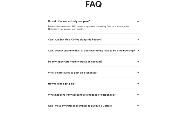 FAQ section from Buy Me a Coffee