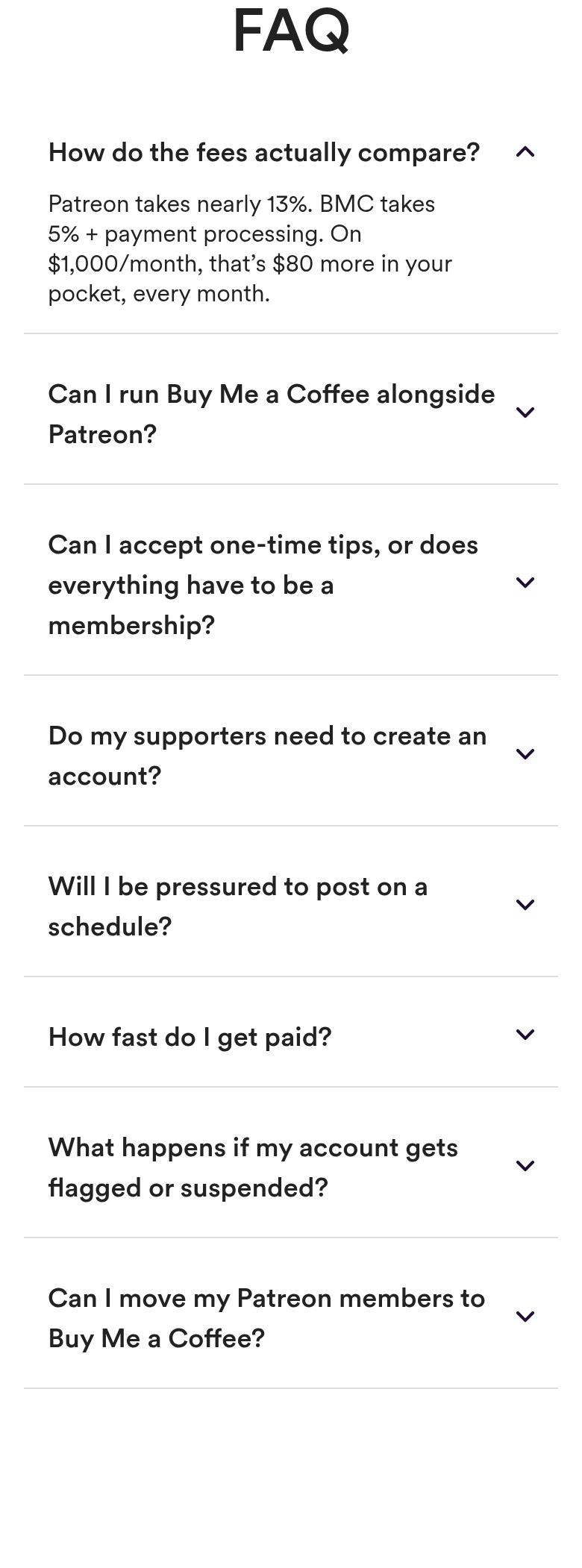 FAQ section from Buy Me a Coffee, on a phone