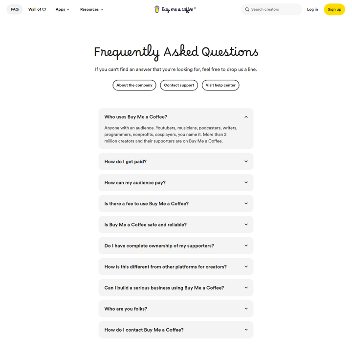 Frequently Asked Questions section from Buy Me a Coffee