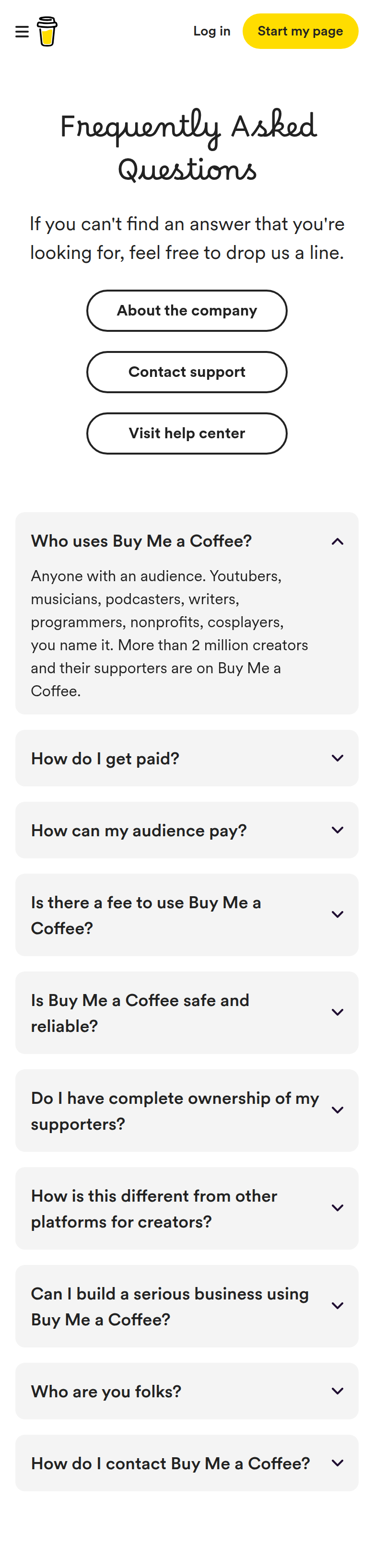 Frequently Asked Questions section from Buy Me a Coffee, on a phone