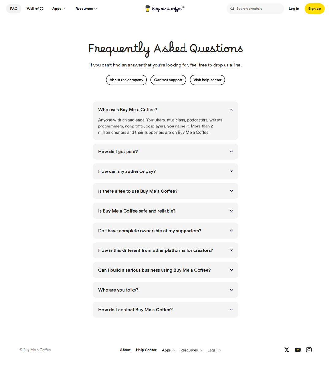 FAQ page of Buy Me a Coffee