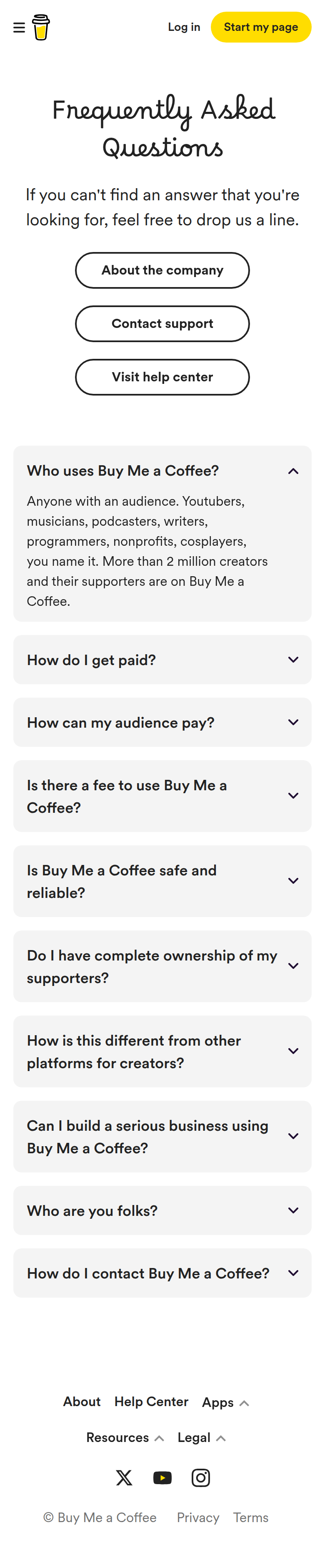 FAQ page of Buy Me a Coffee, on a phone