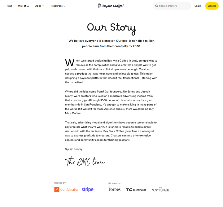 Our Story section from Buy Me a Coffee