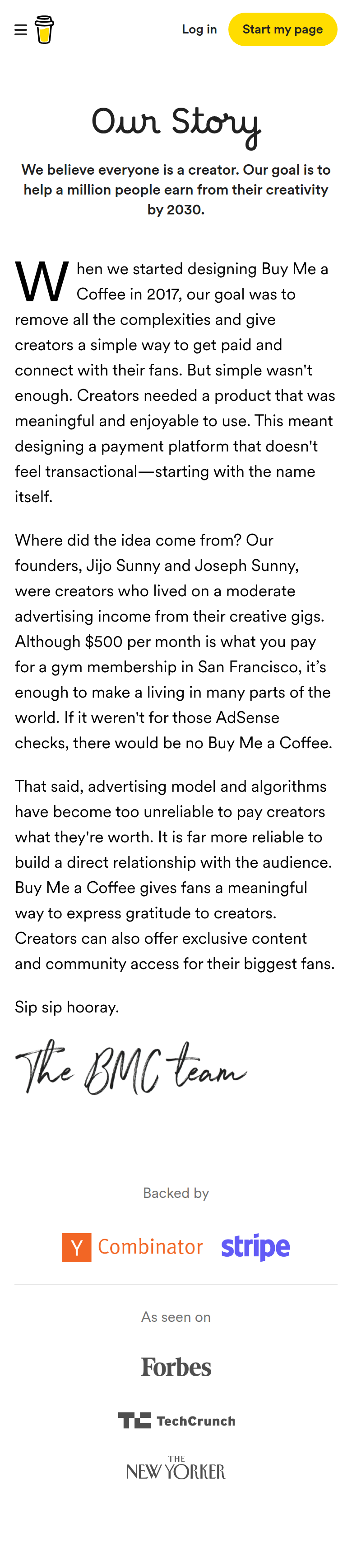 Our Story section from Buy Me a Coffee, on a phone