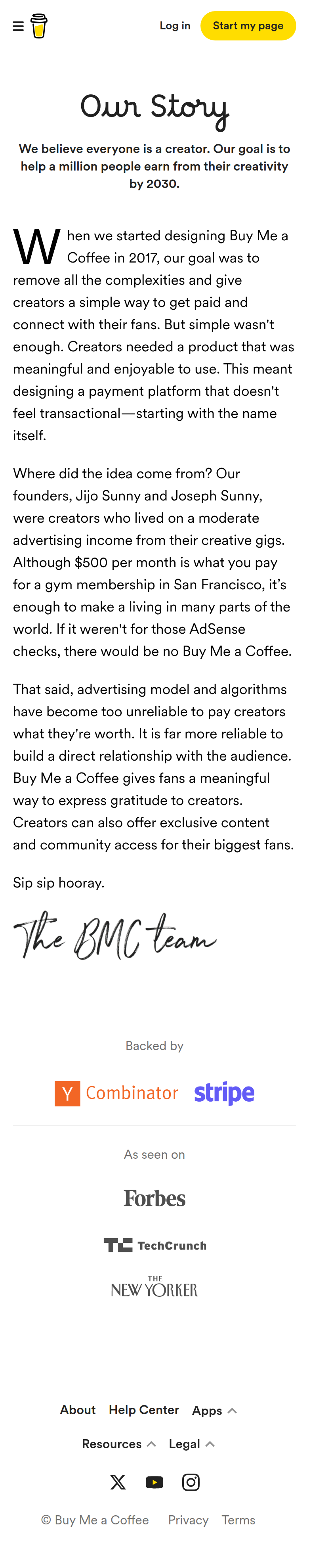 About page of Buy Me a Coffee, on a phone