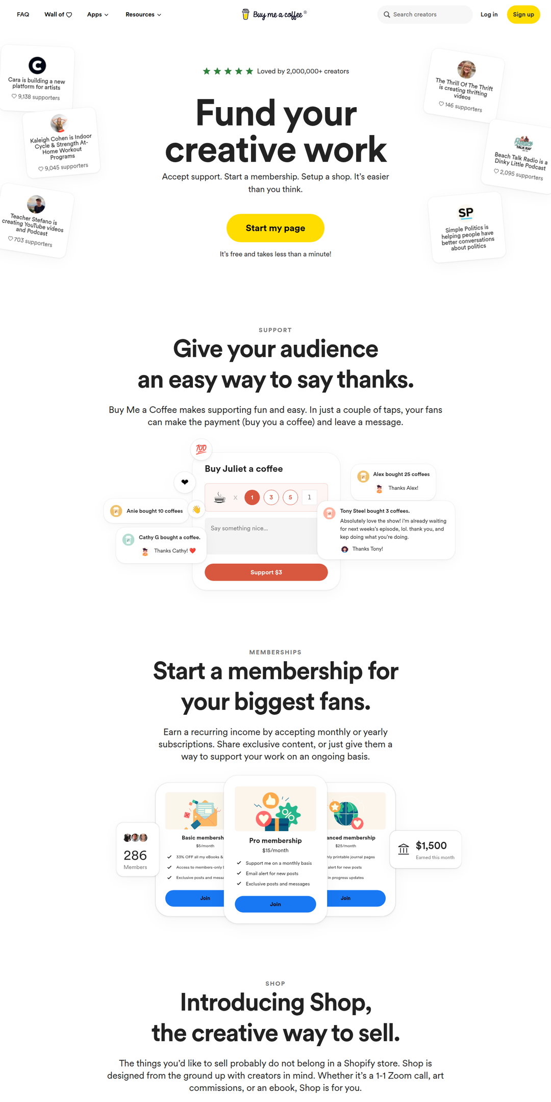 Home page of the Buy Me a Coffee website