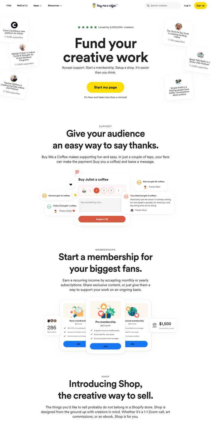 Home page of the Buy Me a Coffee website