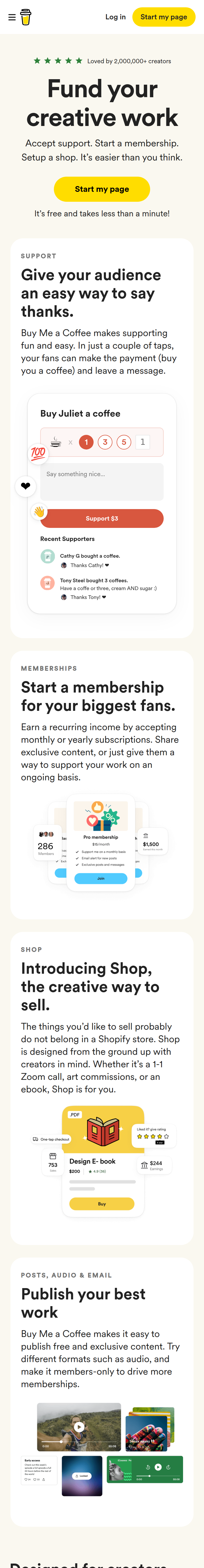 Home page of the Buy Me a Coffee website, on a phone