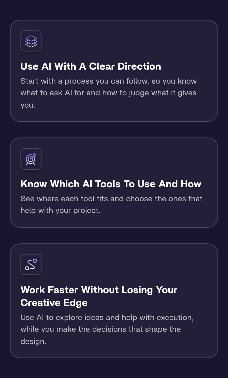Three Outcomes section from Flux Academy, on a phone