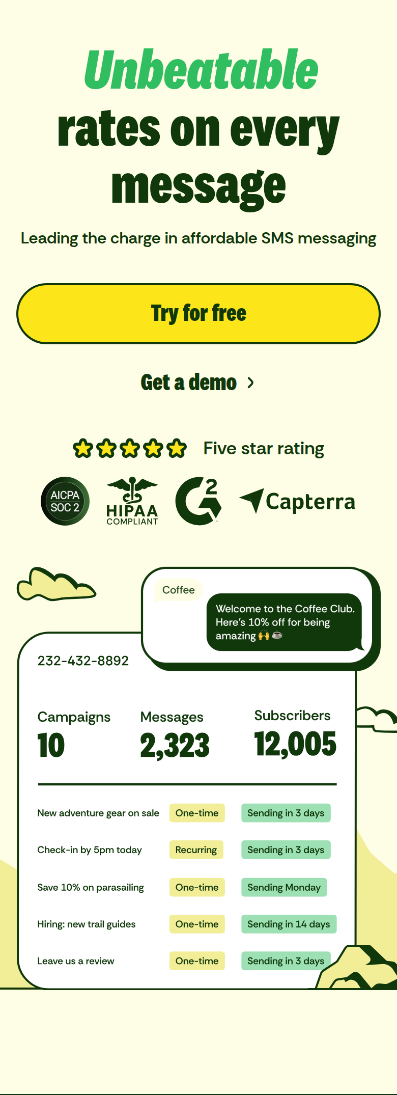 Unbeatable Rates on Every Message section from Textla, on a phone