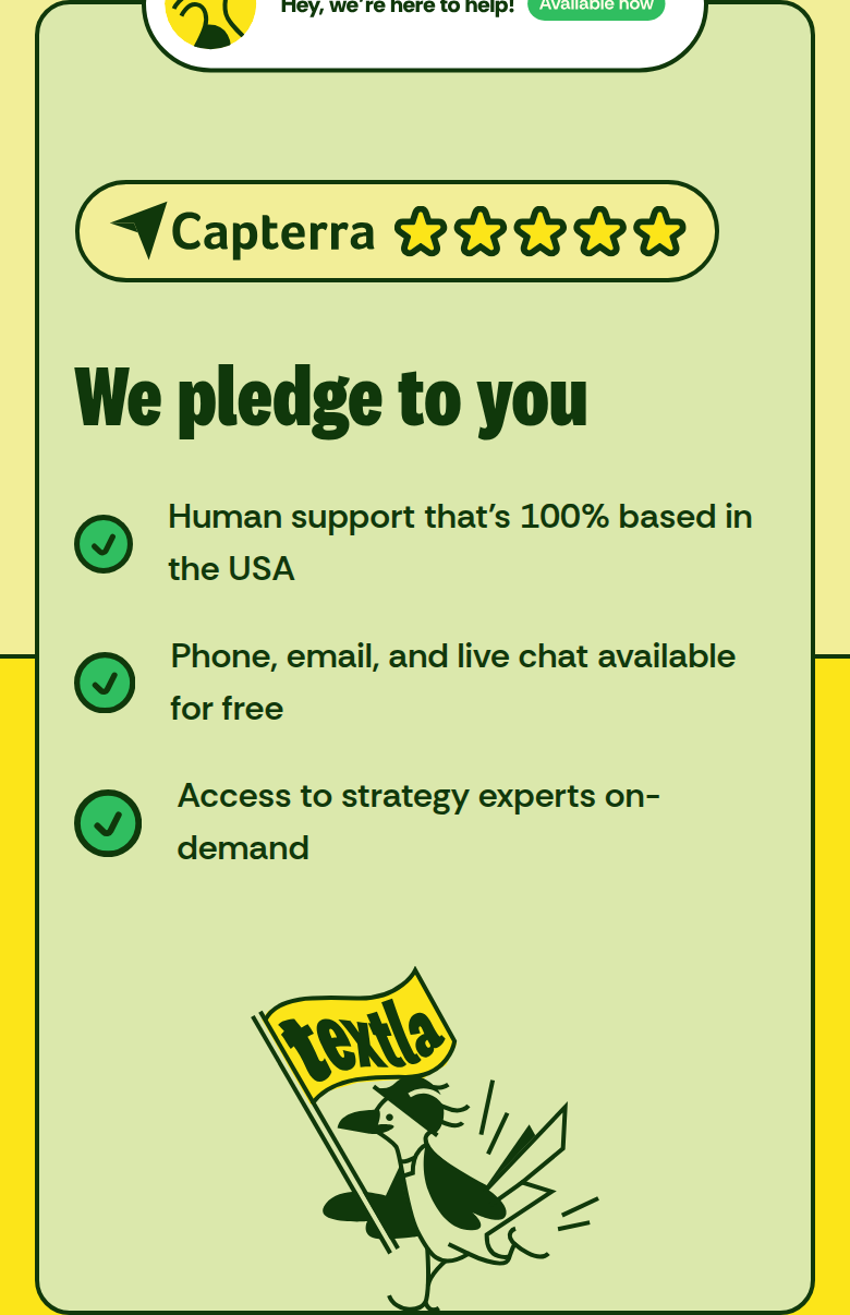 We Pledge to You section from Textla, on a phone