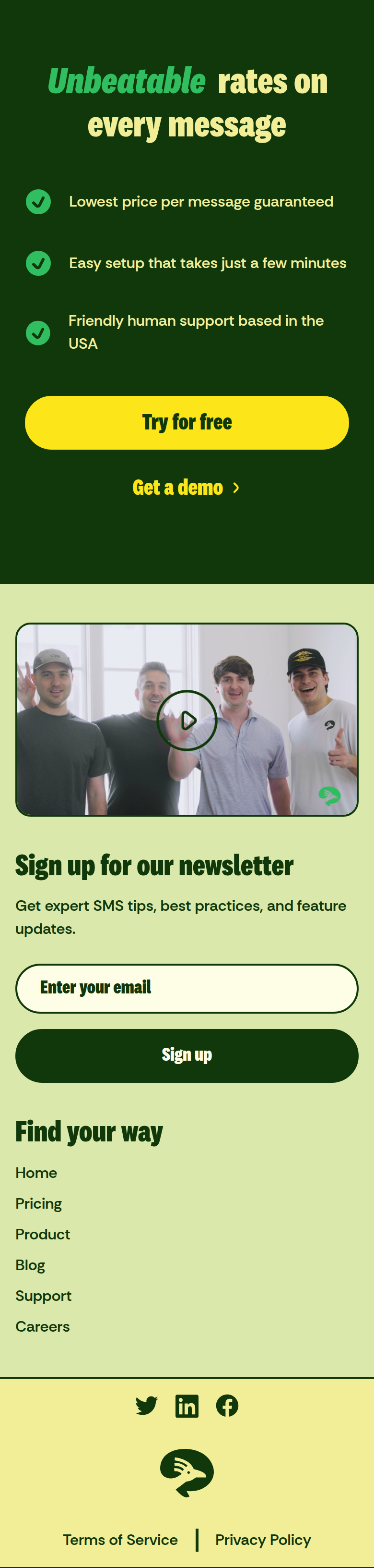 Footer section from Textla, on a phone
