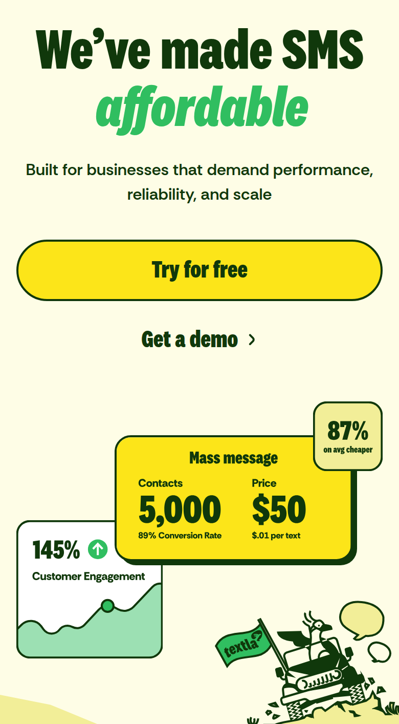 We've Made SMS Affordable section from Textla, on a phone