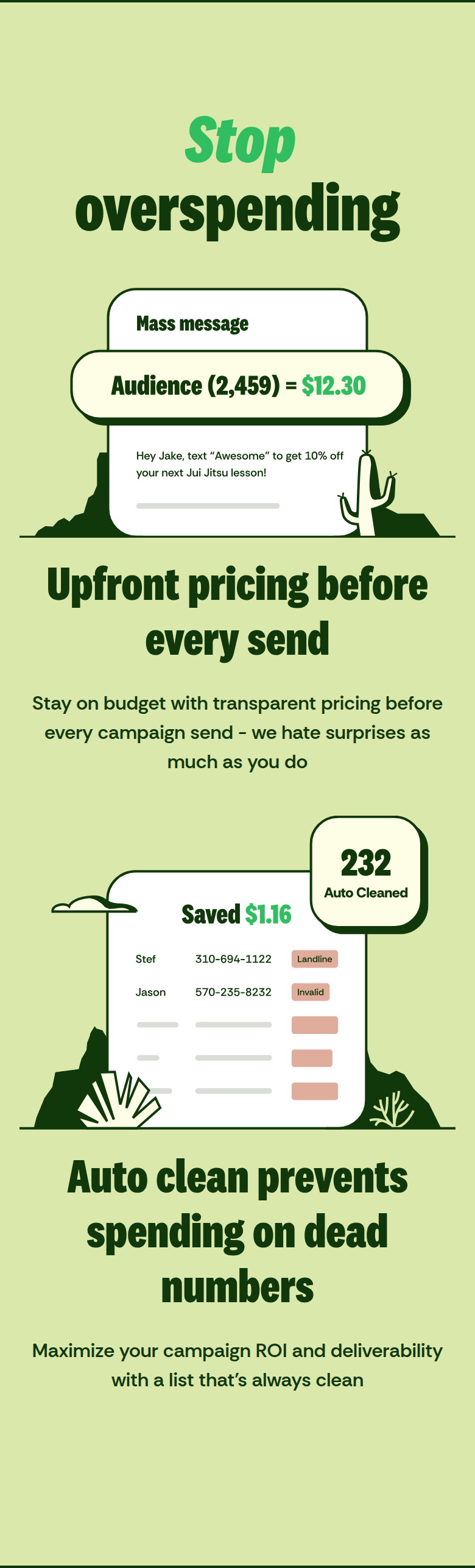 Stop Overspending section from Textla, on a phone