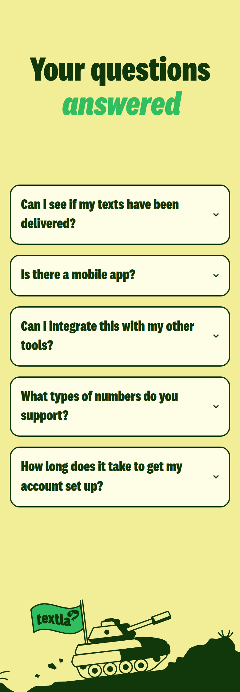 Your Questions Answered section from Textla, on a phone