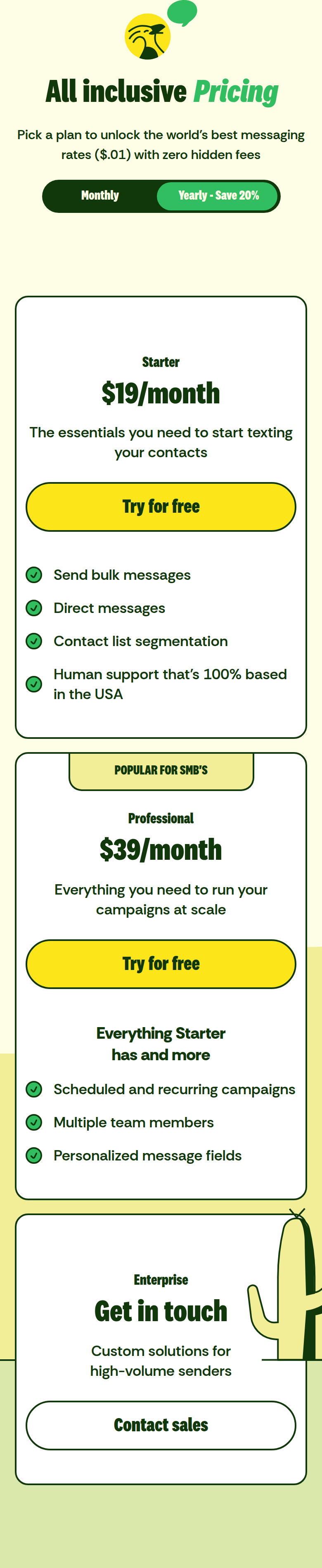 All Inclusive Pricing section from Textla, on a phone