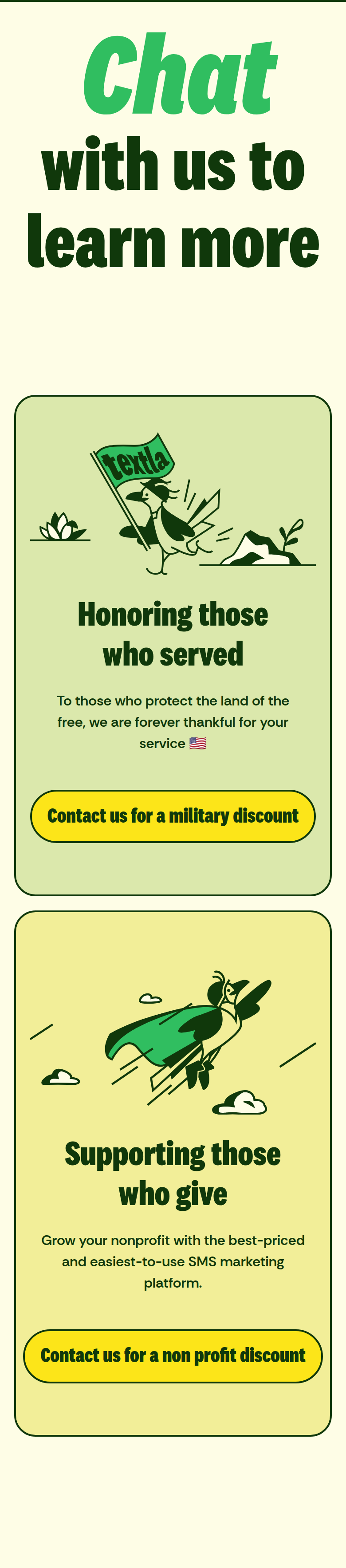 Chat with Us to Learn More section from Textla, on a phone