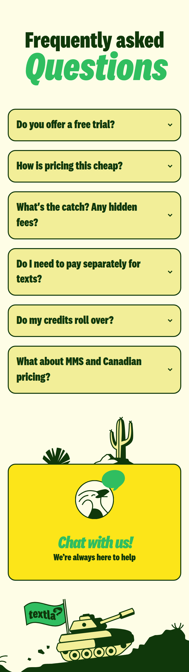 Frequently Asked Questions section from Textla, on a phone