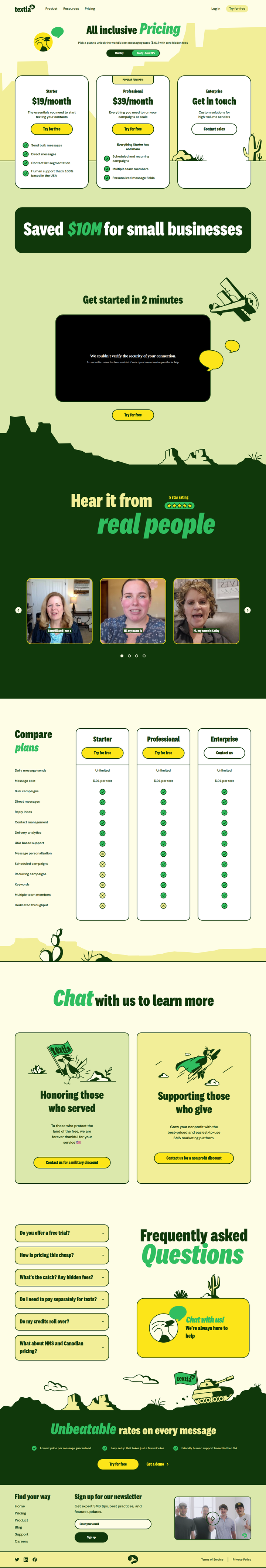 Pricing page from Textla