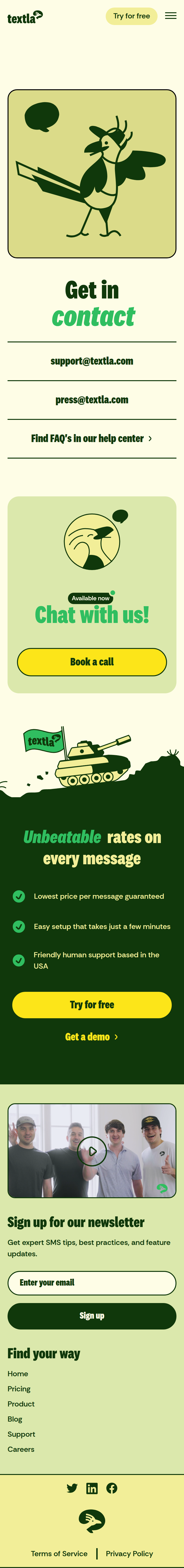 Contact page of Textla, on a phone