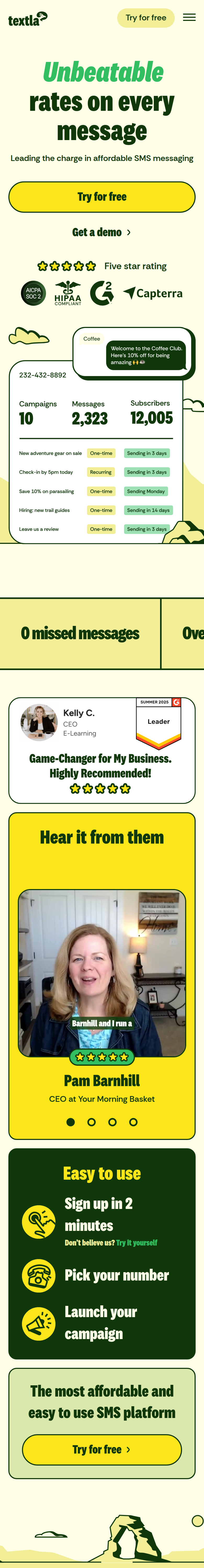 Home page of the Textla website, on a phone