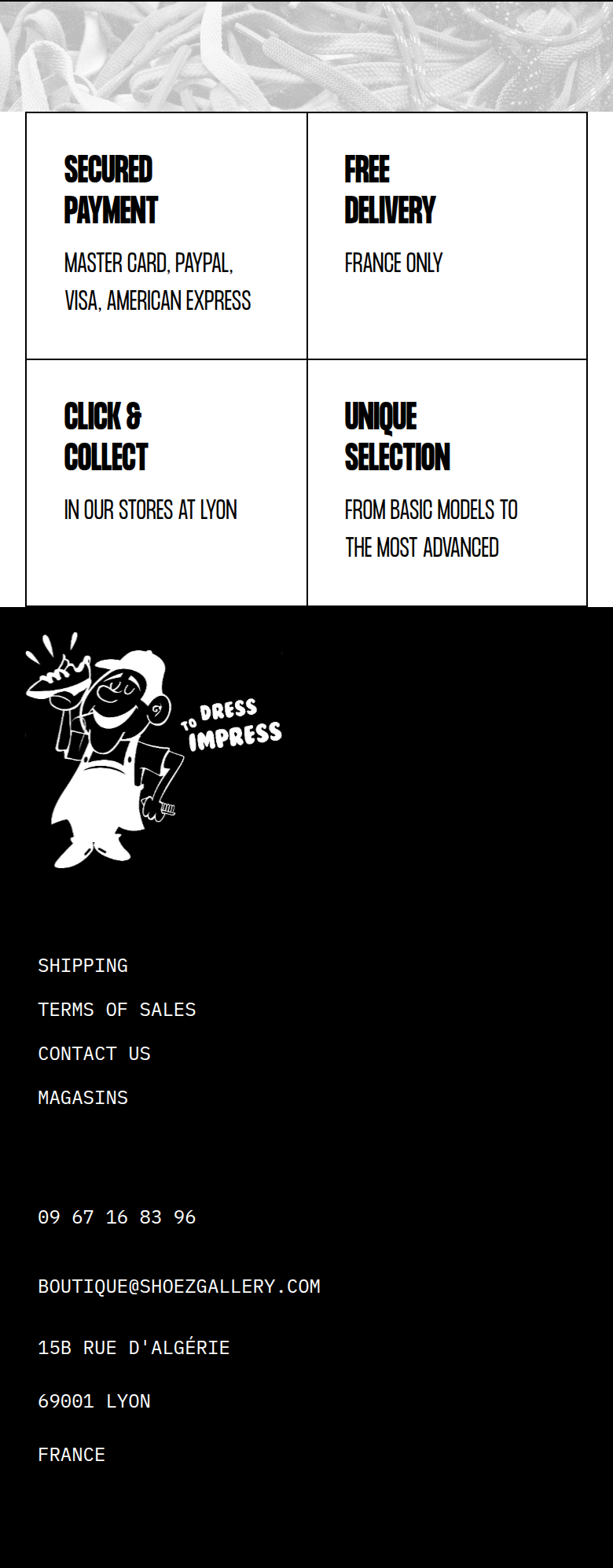 Footer section from Shoez Gallery, on a phone