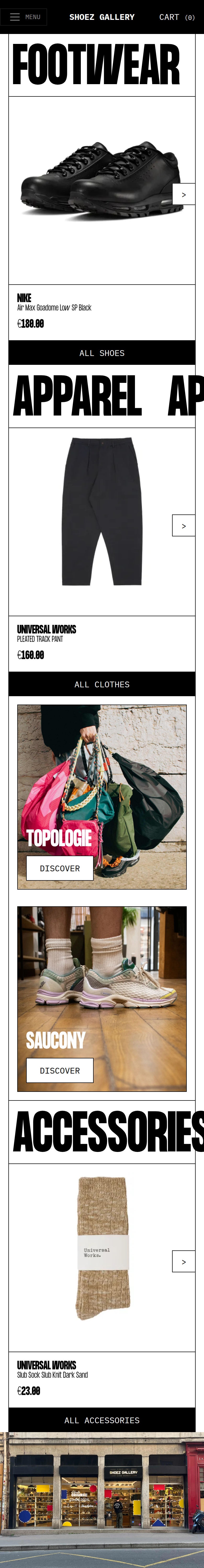 Home page of the Shoez Gallery website, on a phone