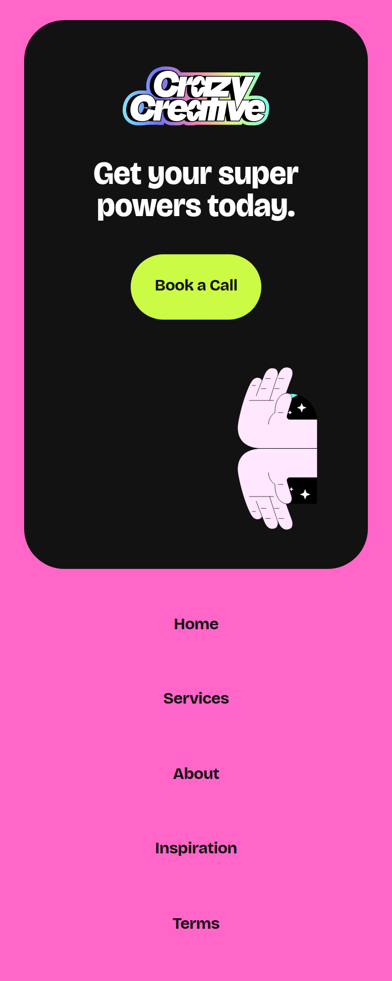 Get Your Super Powers Today section from Crazy Creative, on a phone