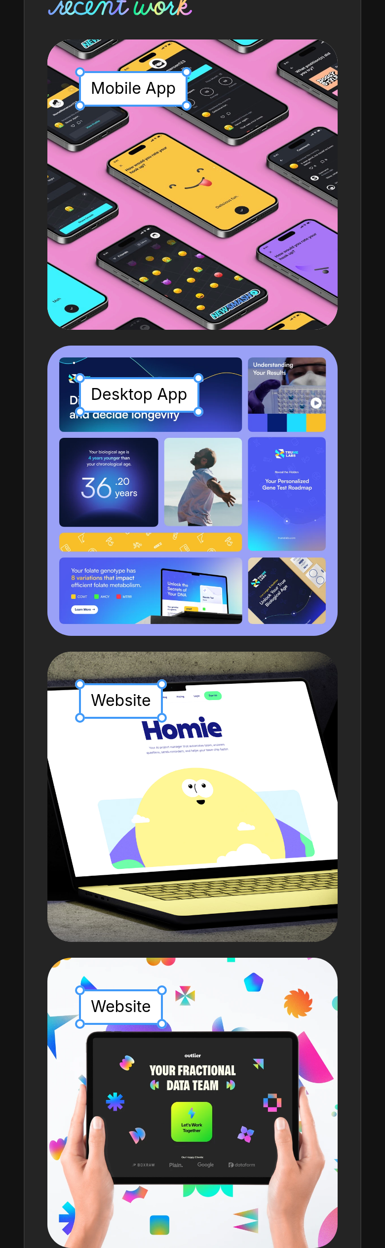 Recent Work section from Crazy Creative, on a phone