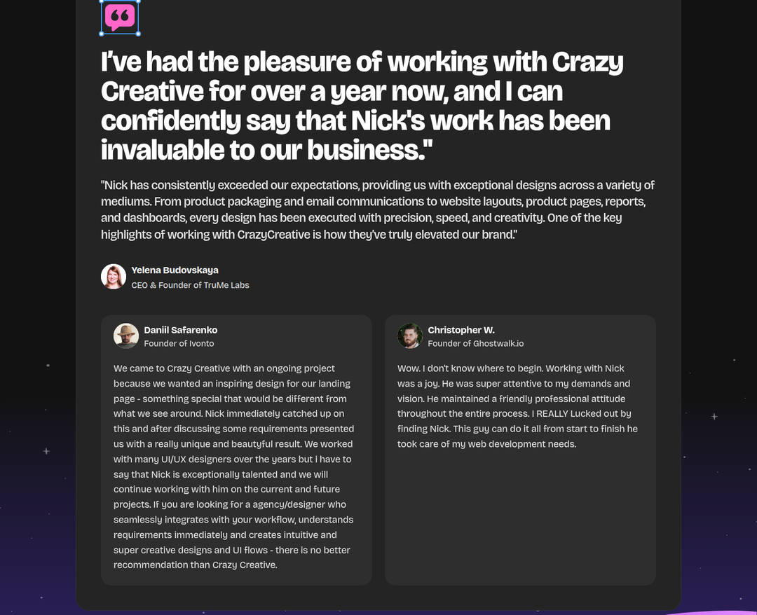 Client Testimonials section from Crazy Creative