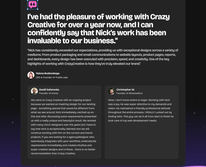 Client Testimonials section from Crazy Creative