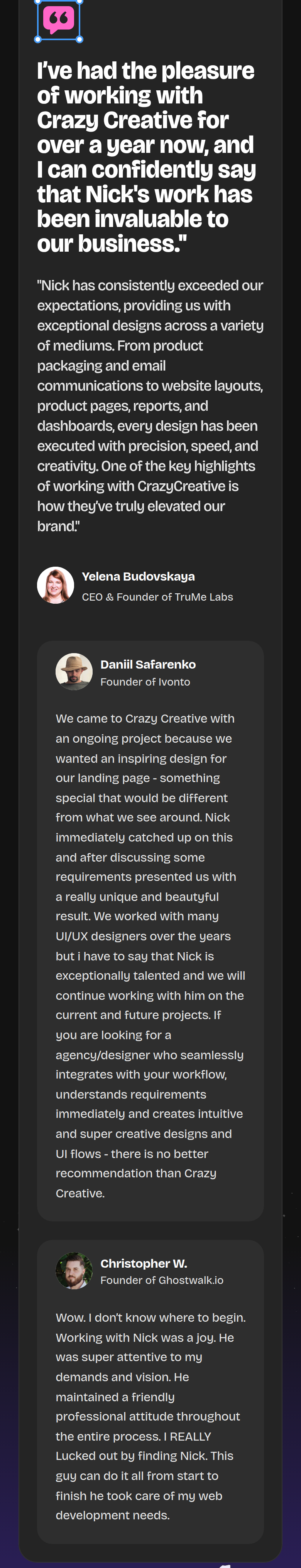 Client Testimonials section from Crazy Creative, on a phone