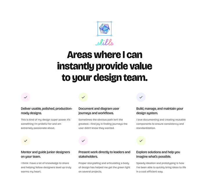 Areas Where I Can Instantly Provide Value section from Crazy Creative