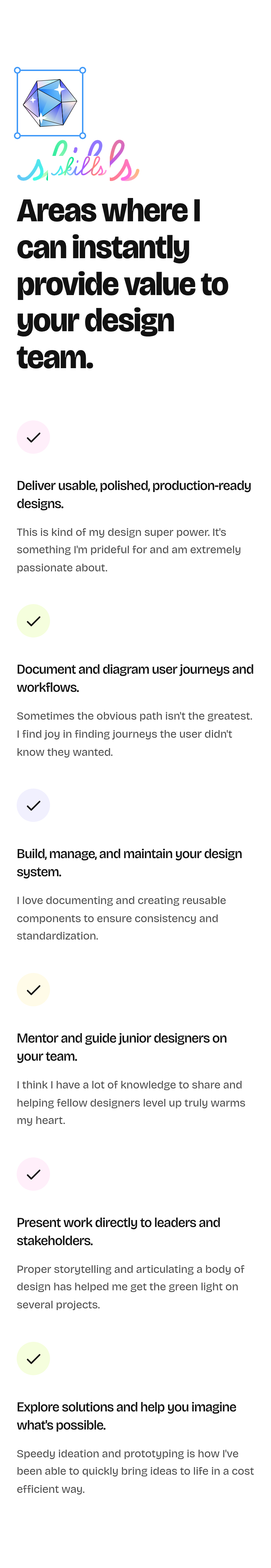Areas Where I Can Instantly Provide Value section from Crazy Creative, on a phone