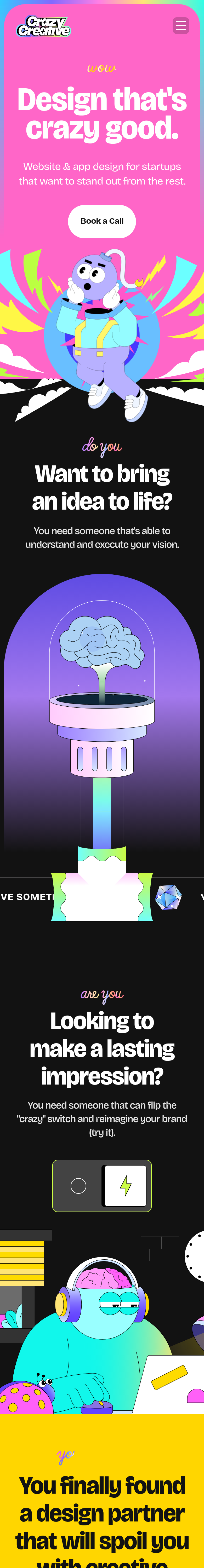 Home page of the Crazy Creative website, on a phone
