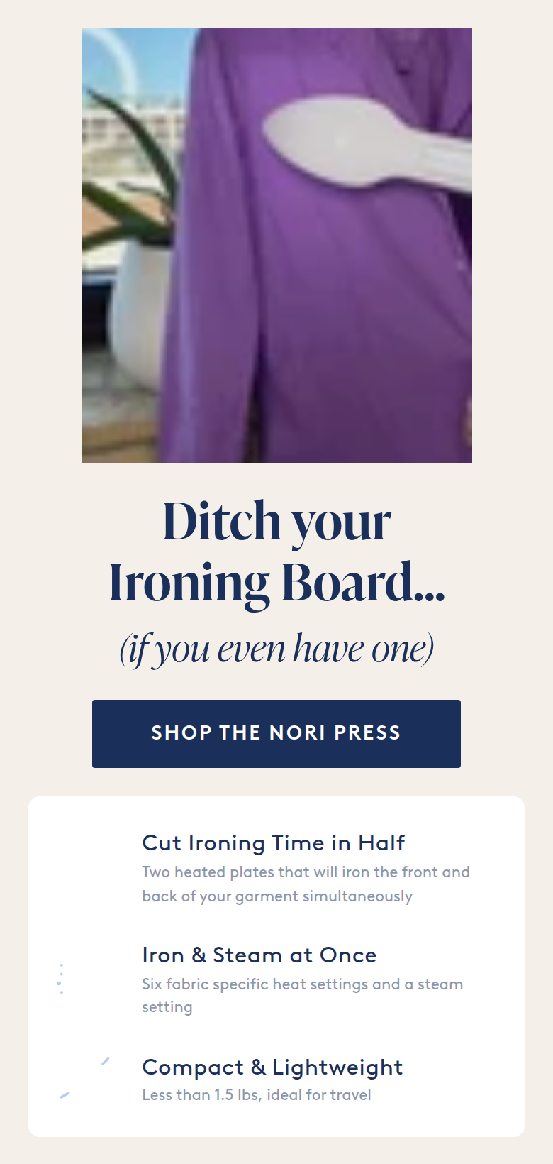 Ditch Your Ironing Board section from Nori, on a phone