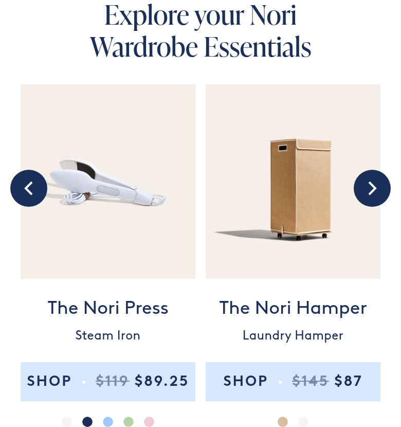 Explore Your Nori Wardrobe Essentials section from Nori, on a phone