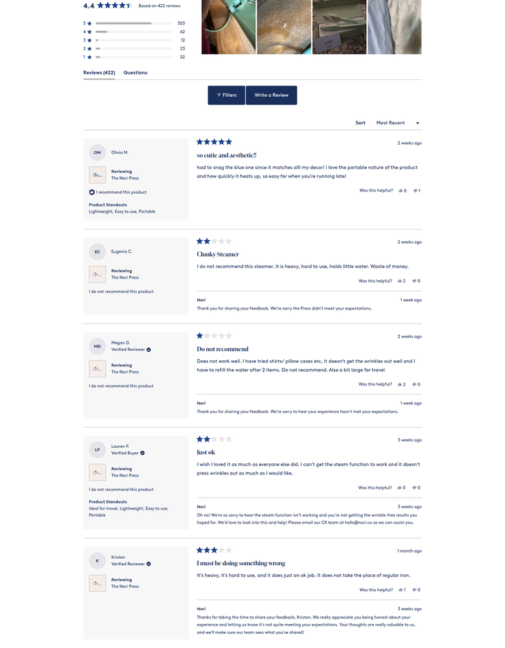 Customer Reviews section from Nori