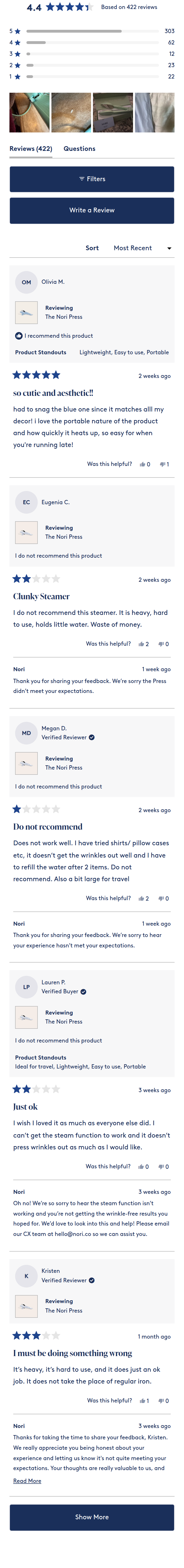 Customer Reviews section from Nori, on a phone