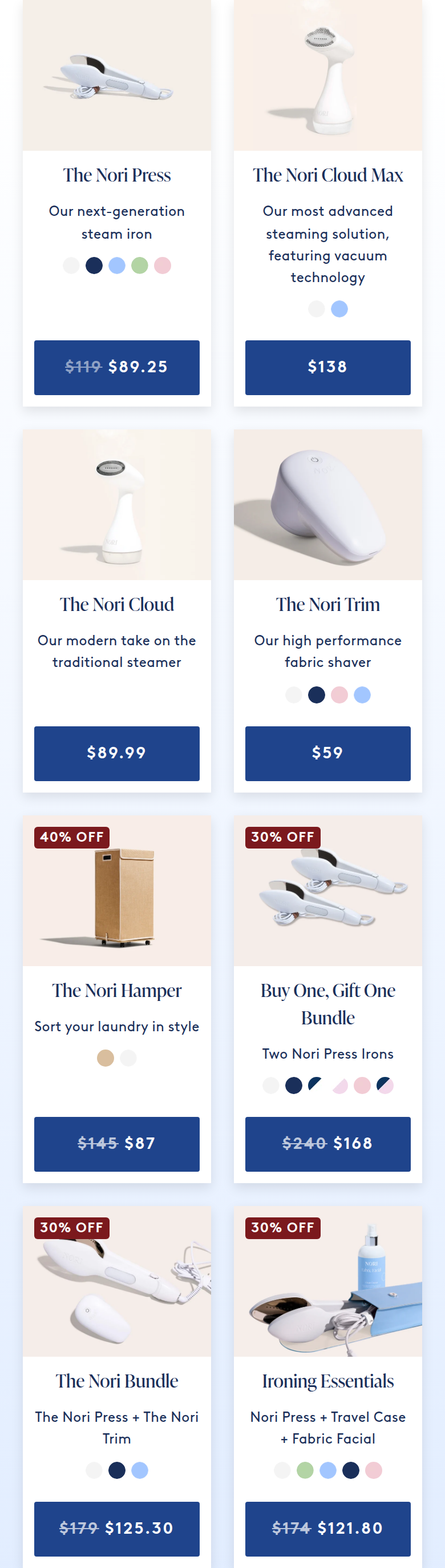 Shop Our Collection section from Nori, on a phone