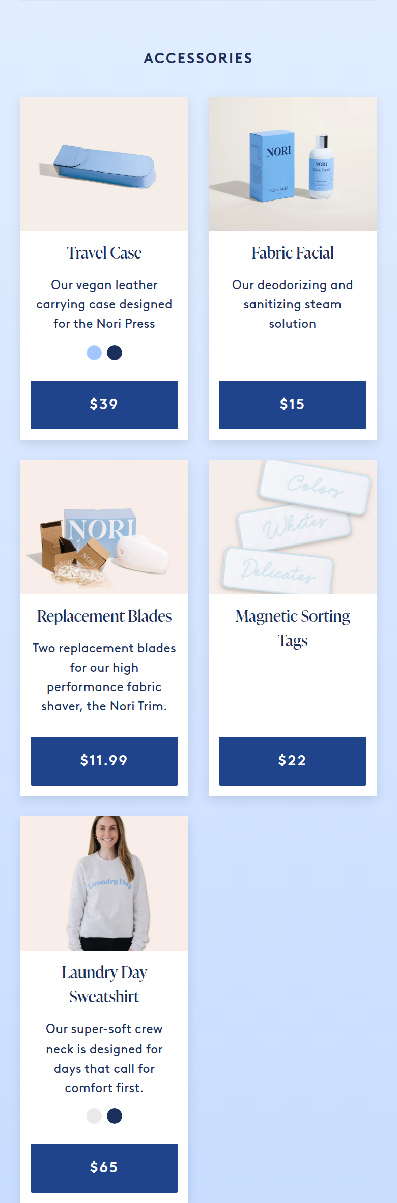 Accessories section from Nori, on a phone