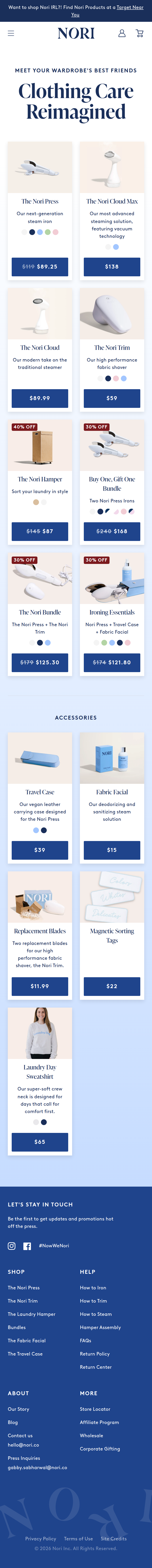Shop All page of Nori, on a phone