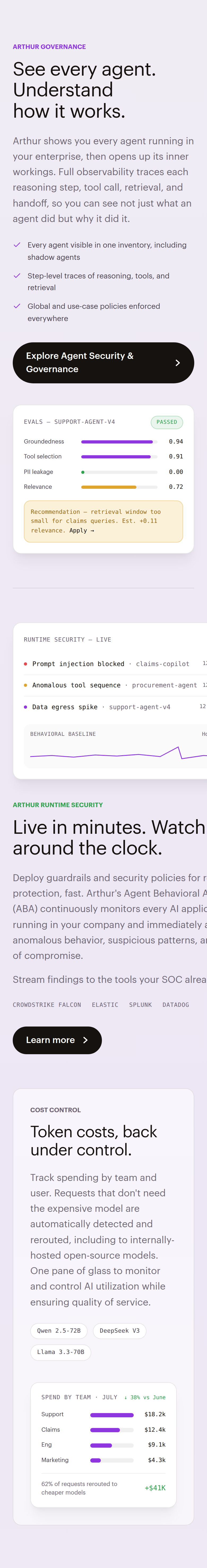 Governance and Runtime section from Arthur AI, on a phone