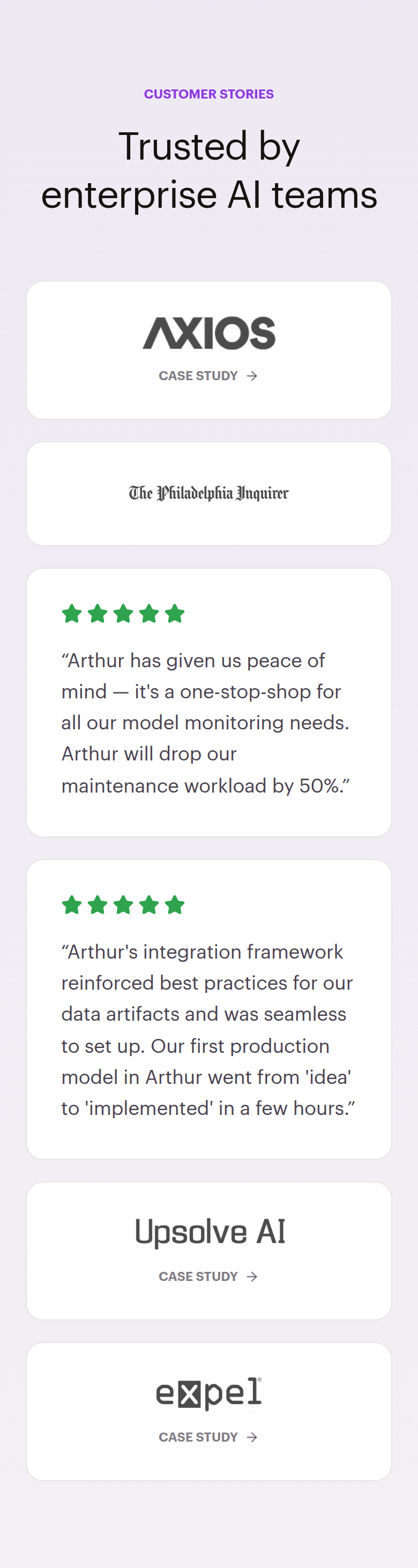 Customer Stories section from Arthur AI, on a phone
