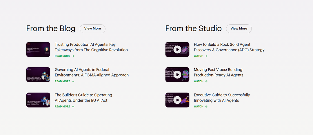 Blog and Studio section from Arthur AI