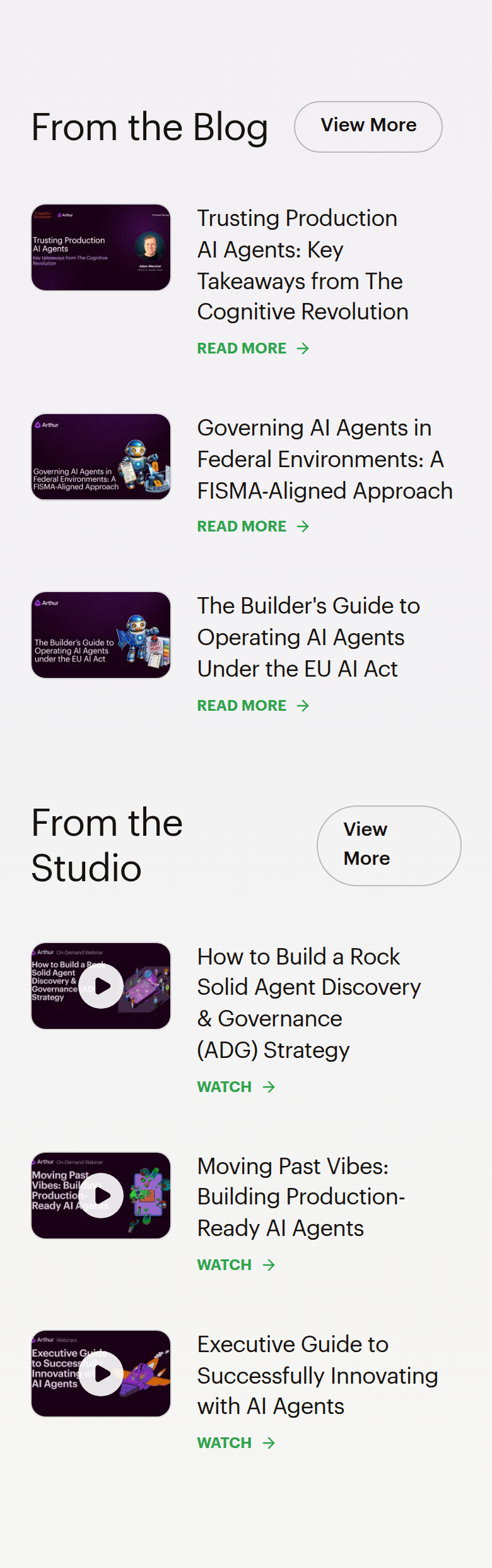 Blog and Studio section from Arthur AI, on a phone