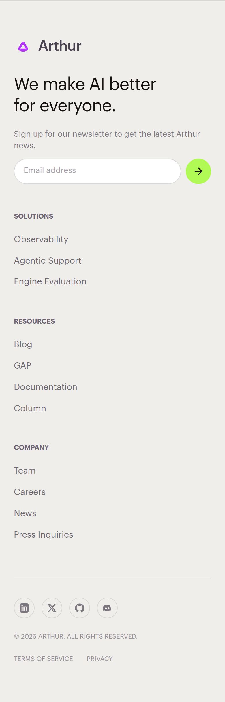 Footer section from Arthur AI, on a phone