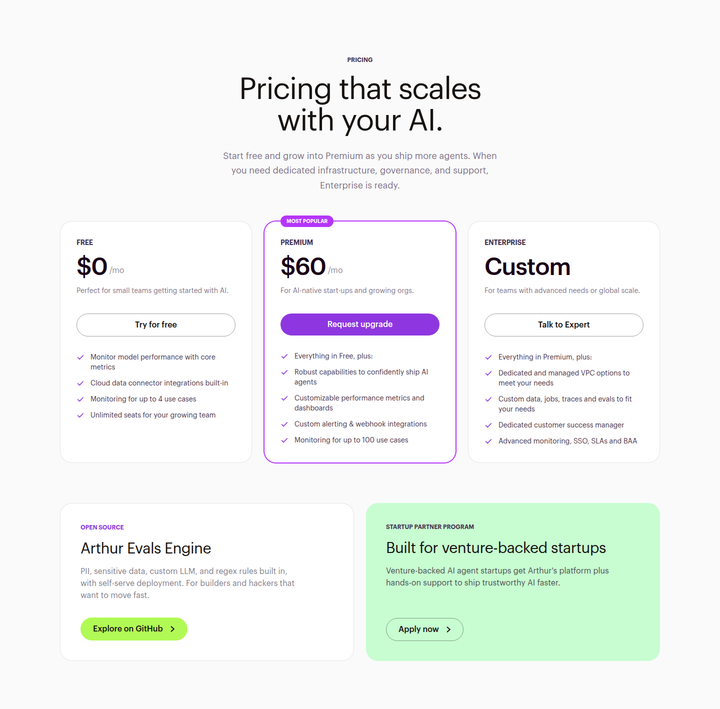 Pricing Plans section from Arthur AI